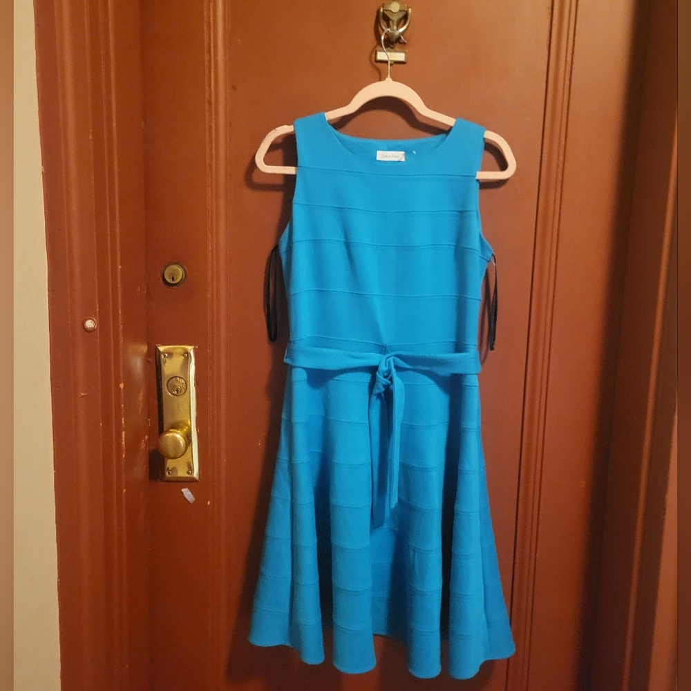 Calvin Klein Women's Blue Sleeveless Belted Midi Dress Size 6